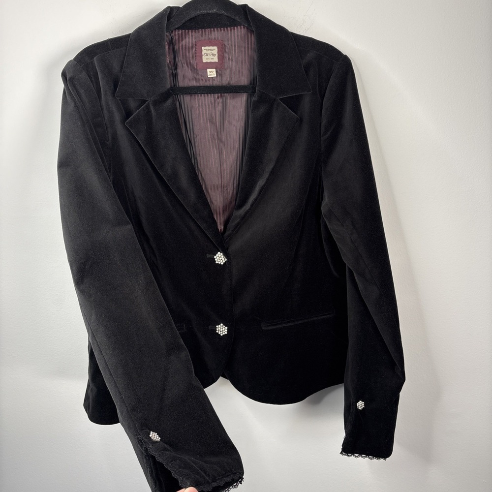 Vtg Old Navy Black Velvet Blazer XL Lace Trim Whimsigoth 90s Y2K Dainty Vamp